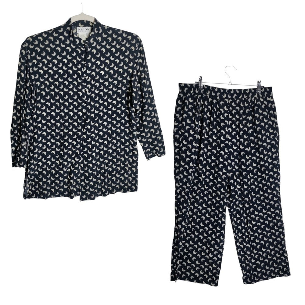 Nipon Studio Womens Navy Crescent Moon Print Rayon Pajama Lounge Set Size 14